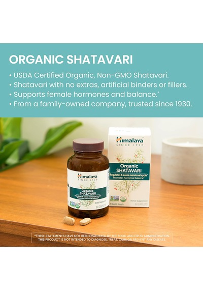 Himalaya Organic Shatavari Hormone Balance Menstrual Cramp Menopause Support 1300 Mg, 60 Caplets Aromasız
