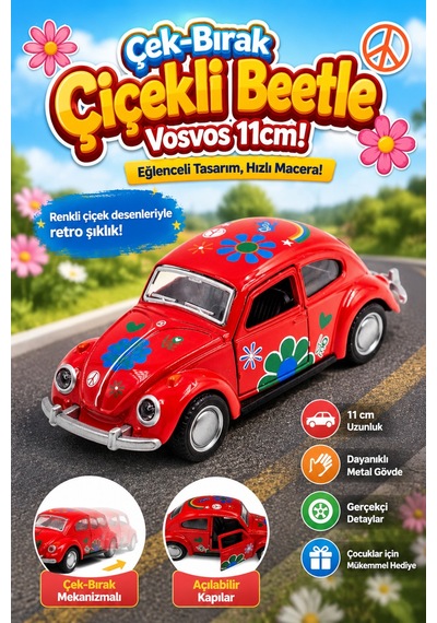 Açılabilir Kapılı Metal Vosvos 11 Cm Çek Bırak Çiçekli Klasik Retro Oyuncak Araba 1:38 Ölçek Çok Renkli