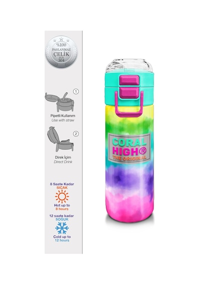Coral High Kids Renkli Batik Desenli Pipetli Ve Direkt İçim Çelik Termos 500 Ml 31944 Çok Renkli