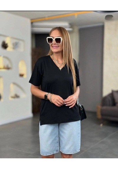 Defymoda Kadın Kısa Kollu V Yaka Bluz Siyah