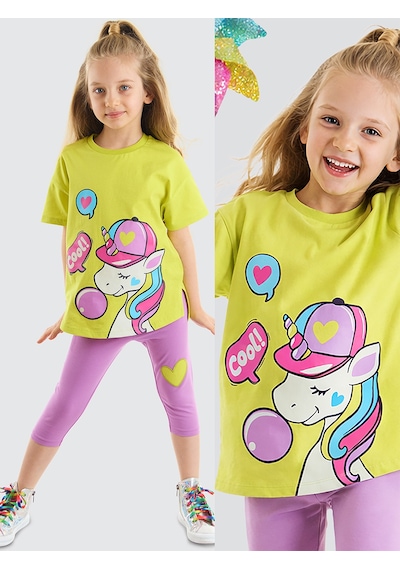 Cool Unicorn Kız Çocuk Yazlık T-shirt Lila Tayt Takım