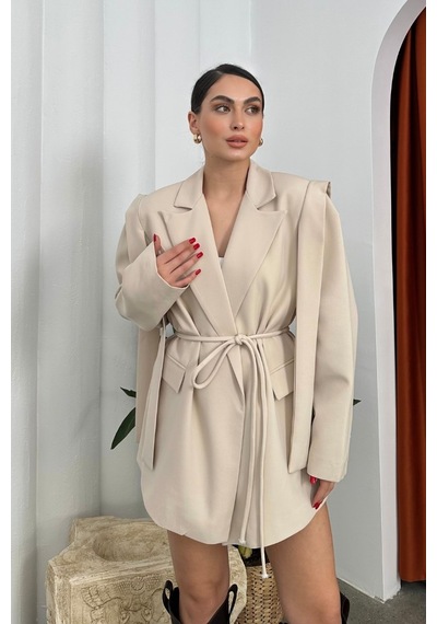 Msm Fashion Kadın Oversize Blazer Ceket Kuşaklı Omuz Detaylı Bej