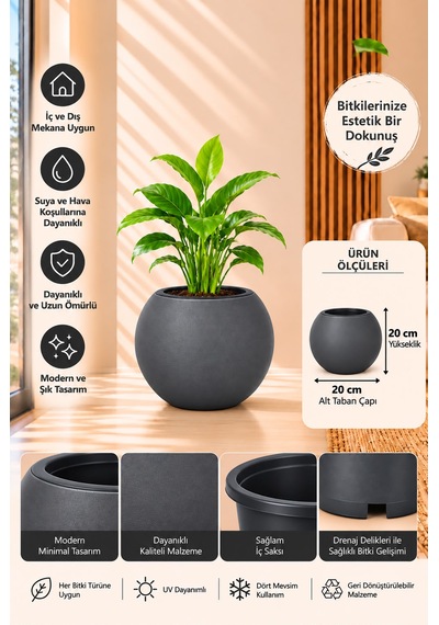 Antrasit Yuvarlak Dekoratif Saksı 20x20 Cm İç Saksılı Modern Salon Ve Balkon Saksısı 9 Litre -