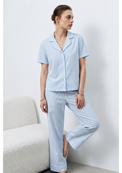 V Yaka Kapama Lastik Bel Mavi Pijama Takımı