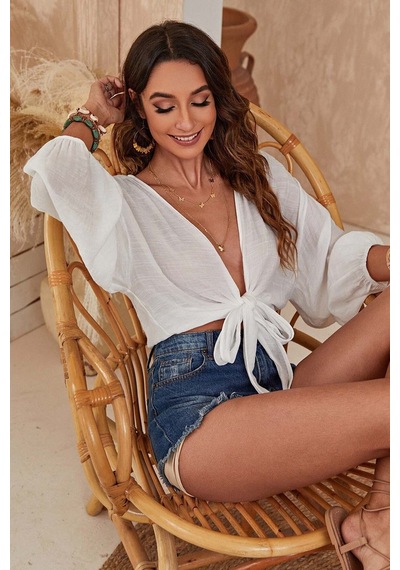 Merry See Angelsin Önden Bağlamalı Salaş Gömlek Pareo Crop Bluz Beyaz
