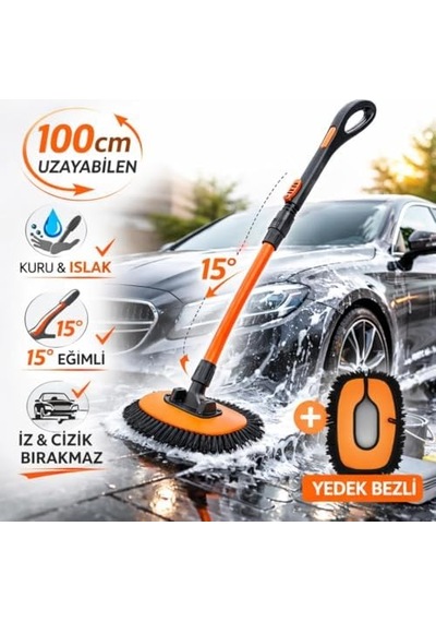 Ayarlanabilir Teleskopik Mikrofiber Araç Yıkama Fırçası+yedek Bez Kuru Islak Oto Yıkama Fırçası