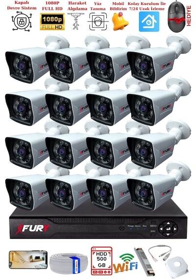 Fury 16 Kameralı 2mp Full Hd Görüntü 6 Atom Led Gece Görüşlü Dış Mekan Güvenlik Kamerası Seti 500gb