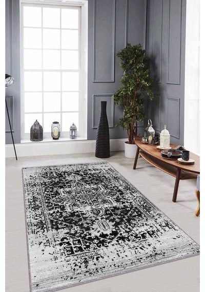 Siyah Vintage Kaymaz Tabanlı Makinede Yıkanabilir Halı Rv299n11