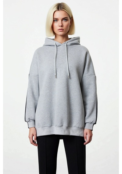 Benerly Kadın Kapüşonlu Düşük Kol Örme Geniş Kalıp Sweatshirt Fonksiyonel Antrasit