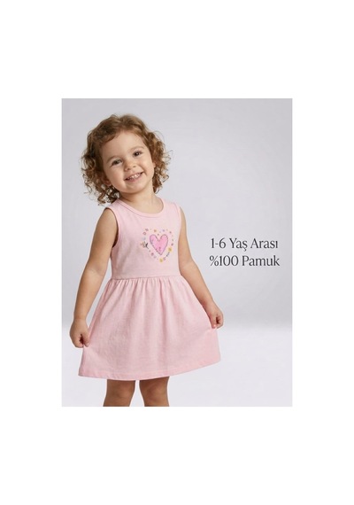 Ketbaby Kız Çocuk Kalp Desenli Pembe Elbise 1-6 %100 Pamuklu 1-6 Yaş Pembe Pembe