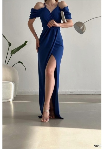 DefyModa Kadın Minimal Krep Kumaş V Yaka Yırtmaçlı Abiye Elbise Saks