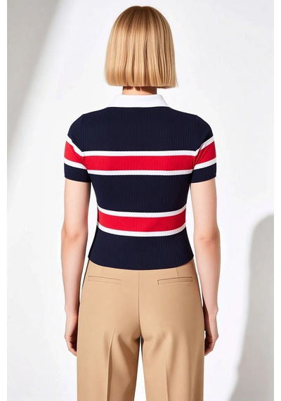 Benerly Kadın Bluz Polo Yaka Kısa Kol Triko İnce Fitilli Desenli Fitted K Ekru