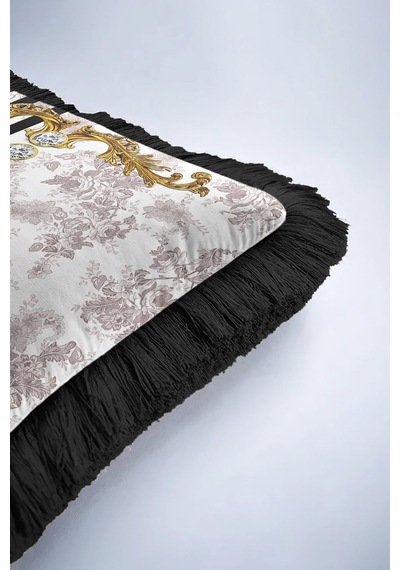 Barok Çizgili Çiçekli Saçaklı Yastık Kılıfı - Lüks Vintage Şık Siyah Püsküllü Kırlent Kılıfı Soluk Toprak İndigo Barok Çizgili Çiçekli Saçaklı Yastık Kılıfı - Lüks Vintage Şık Siyah Püsküllü Kırlent Kılıfı Soluk Toprak İndigo