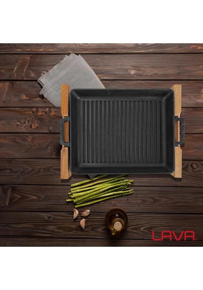 Lava Izgara Tavası Dikdörtgen Siyah Mat Ahşap Stand 26 X 32 Cm Eco