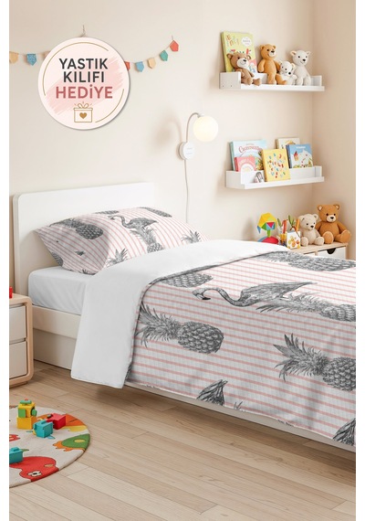 Flamingo Ananas Çizgili Pembe Genç Odası Tek Kişilik Pike Takımı-gri Tropikal Yatak Örtüsü 160x220cm Bulanık Koru Kıyımı