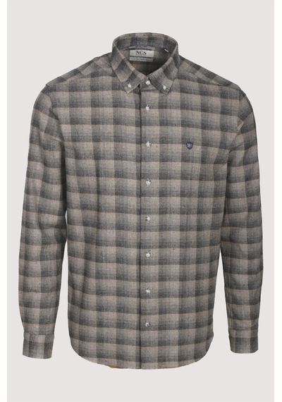 Erkek Gömlek Bej Uzun Kol Ekose Kareli Flanel Yün Tuşeli Slim Fit Düğmeli Yaka Shirt Ncs Jeans 7266-bej Bej