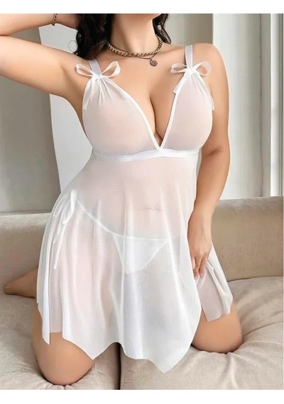 Ang Butik Kadın Büyük Beden Beyaz Kalın Askılı Kurdelalı Tül Gecelik