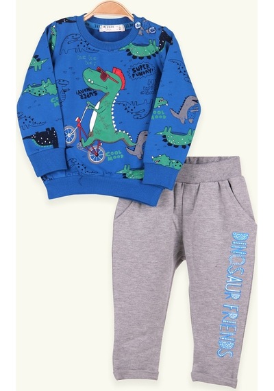 Breeze Erkek Bebek Eşofman Takımı Dinozor Baskılı Mavi (9 Ay-1.5 Yaş)