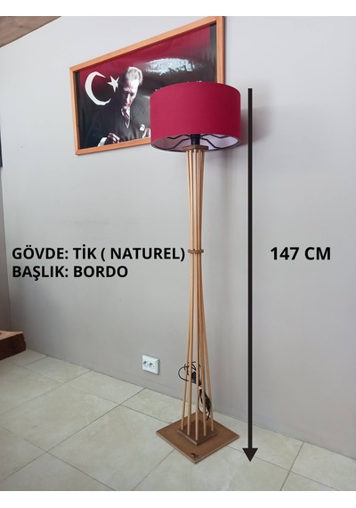 Lambader- Doğal Ahşap Ayaklı Köşe Lambası- Bordo