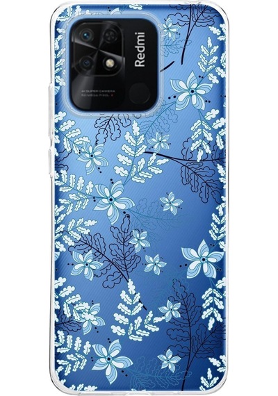 Redmi 10c Kapak Floral Mavi Tasarımlı Şeffaf Kılıf