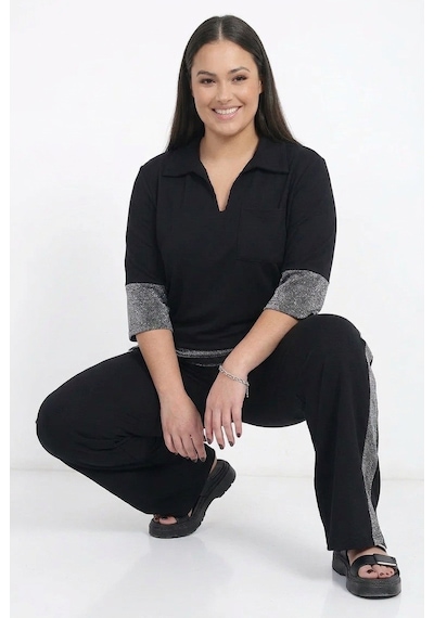 By Saygı Kadın Polo Yaka Çeyrek Kol Bluz Beli Lastikli Bol Paça Pantolon Cepli Büyük Beden Simli 2'li Takım Siyah By Saygı Kadın Polo Yaka Çeyrek Kol Bluz Beli Lastikli Bol Paça Pantolon Cepli Büyük Beden Simli 2'li Takım Siyah