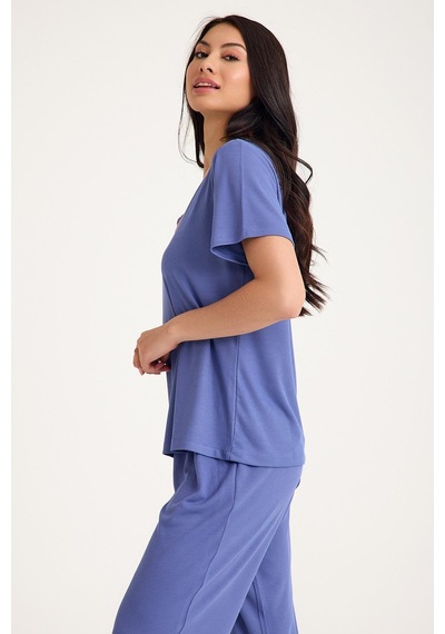 Amarelle Dream Gri Mavi Viskon V Yaka Dantel Detaylı Pijama Takımı Mavi