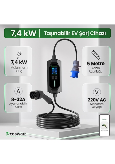 Elektrikli Araba Taşınabilir Şarj Istasyonu 7 Kw / 32a / Tip-2 / 3x32a Fiş / Monofaze / 5m / Çantalı / Ev Tipi Dönüştürücü Kablolu Türkçe Menü Yerli Üretim 3,7 - 7,4 Kw