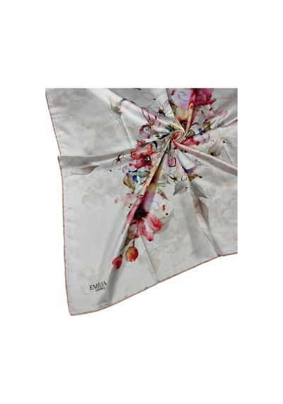 Mim Eşarp Emilya Rayon Çiçek Desenli Eşarp 90x90 Cm Beyaz - Gül Kurusu