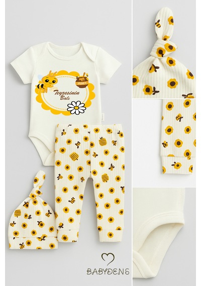 Babyden's Teyzesinin Balı Yazılı 3 Lü Bebek Takımı Pamuklu Kısa Kollu Çıtçıtlı Body, Arı Desenli Pantolon,bere Ekru - Sarı