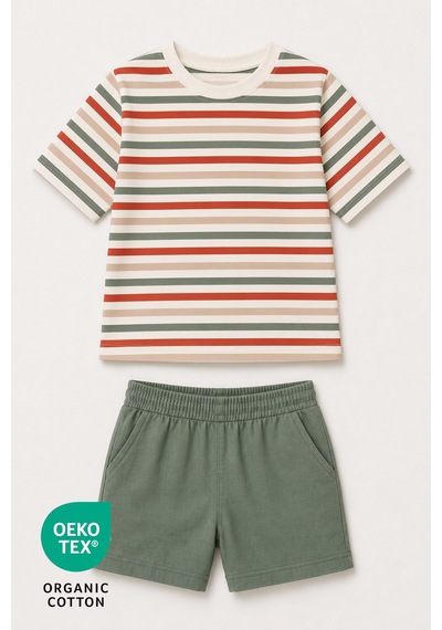 Luppinos Pamuk Çizgi Baskılı Bisiklet Yaka Çift Cepli Bebek-çocuk Tshirt Şort Set Ekru - Yeşil