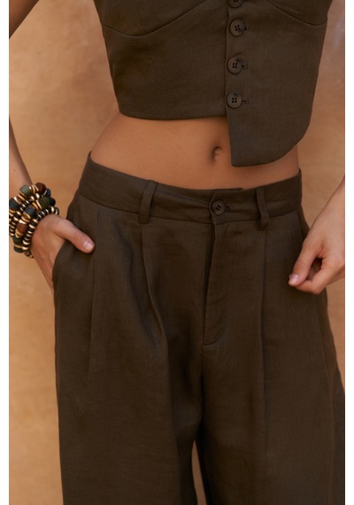 Mai Collection Mai Studios Co. Lvdovila Kahve Keten Crop Yelek Pantolon Takım Kahve