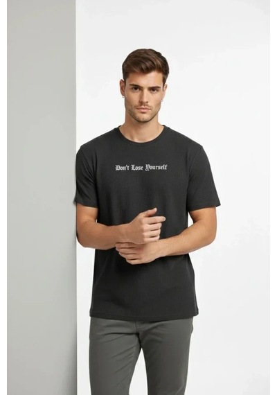 Valensdesign Erkek Wafıl Kumaş Tişört Regular Kalıp Bisiklet Yaka Baskılı Günlük Basic T-shirt - Siyah