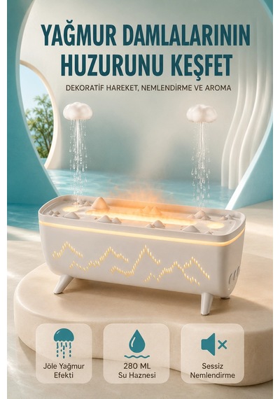 Mey İthalat Dekoratif Hava Nemlendirici Ve Aromaterapi Difüzörü 280 Ml Yağmur Efektli Renkli Led Işıklı