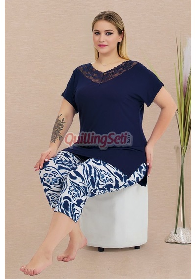 Lady Lacivert Beyaz Renk, Çiçek Desenli 10734 Pamuklu Büyük Beden Tayt Ve Kapri Anne Pijama Takımı - 2xl Lacivert - Beyaz
