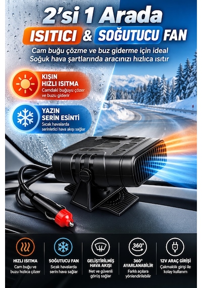 12v Araç İçi Cam Buğu Çözücü Isıtıcı Fan 2 Si 1 Arada Sıcak Soğuk Hava Üfleyici Buz Çözücü