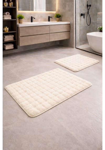 Buççin Online Mağaza Modern Bubble Yumuşak Banyo Klozet Takımı Yıkanabilir Kaymaz Tabanlı Polyester Kalın 12 Mm + Ekru Çok Renkli