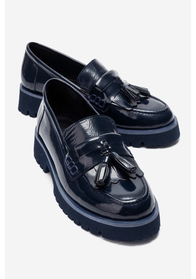 Luvi Shoes Poen Lacivert Rugan Hakiki Deri Püsküllü Kadın Loafer Ayakkabı