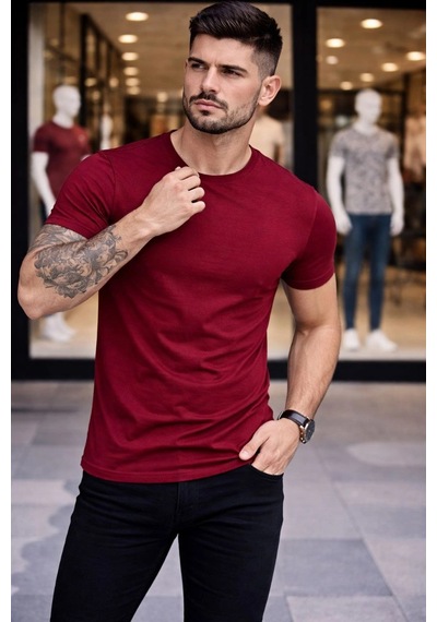 Novalisse Erkek Body Tişört Bisiklet Yaka Slim Fit Likralı T-shirt - Bordo Çoklu Renk