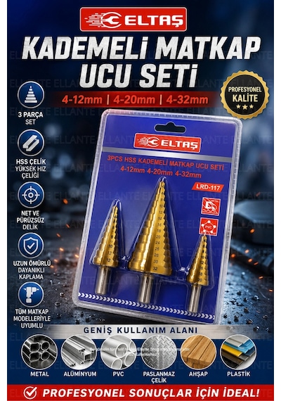 3 Parça Hss Titanyum Kaplamalı Kademeli Matkap Ucu Seti 4-12 / 4-20 / 4-32 Mm