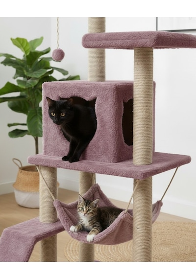 Reyo Pet S9 Kedi Tırmalama Kulesi Platformlu 124 Cm Gül Kurusu