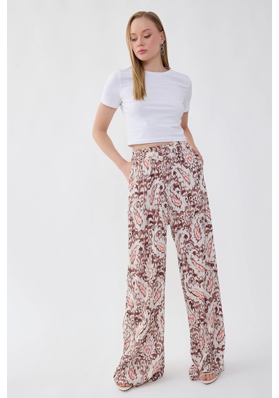 Vitrin Etnik Desen Beli Lastikli Geniş Paça Pantolon Kahve
