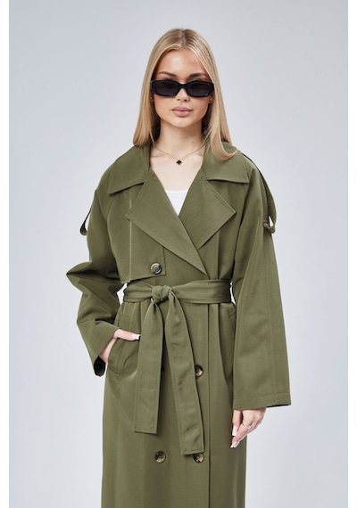 Kadın Oversize Astarlı Uzun Trençkot Haki