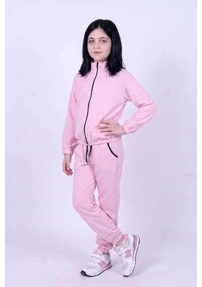 Panios Kids Kız Çocuk Dik Yaka Fermuarlı Beli Bağcıklı Lastik Paça Eşofman Takımı Pembe