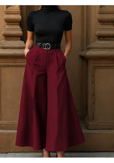De'charme Kadın Yüksek Bel Kemerli Double Kumaş Palazzo Pantolon Bordo