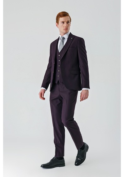 İmza Gabardin Kırlangıç Yaka Yelekli 6 Drop Slim Fit Klasik Takım Elbise 1001240187- Mürdüm İmza Gabardin Kırlangıç Yaka Yelekli 6 Drop Slim Fit Klasik Takım Elbise 1001240187- Mürdüm