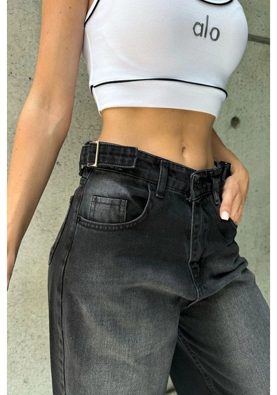Siyah Premium Ayarlanabilir Yan Kemer Tokalı Baggy Jeans Siyah Yıkamalı