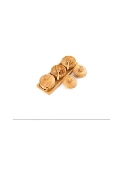Bambu Baharatlık Kaşıklı Baharatlık 3 Lü Kapaklı Krem