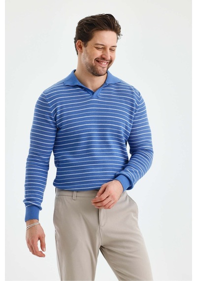 Cool Tarz Erkek Patlı Slim Fit Çizgi Detaylı Uzun Kollu Polo Yaka Triko Kazak Saks Saks