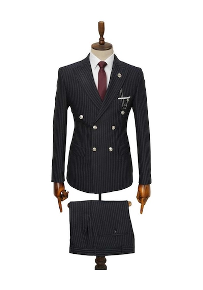 Beystil Sivri Yaka Siyah Çizgili Kruvaze Takım Elbise Togo036 - Slim Fit Siyah