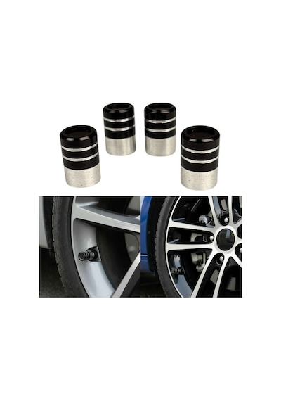 Sibop Kapağı Krom 4lü Takım Üniversal Lastik Subap Tıpası Seti Çizgili Model Siyah Glz02790025